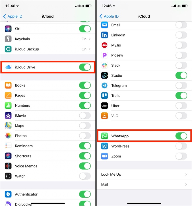 Make sure iCloud Drive and WhatsApp are enabled