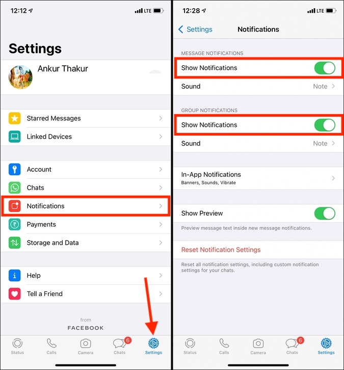 Show Notifications in WhatsApp Settings on iPhone