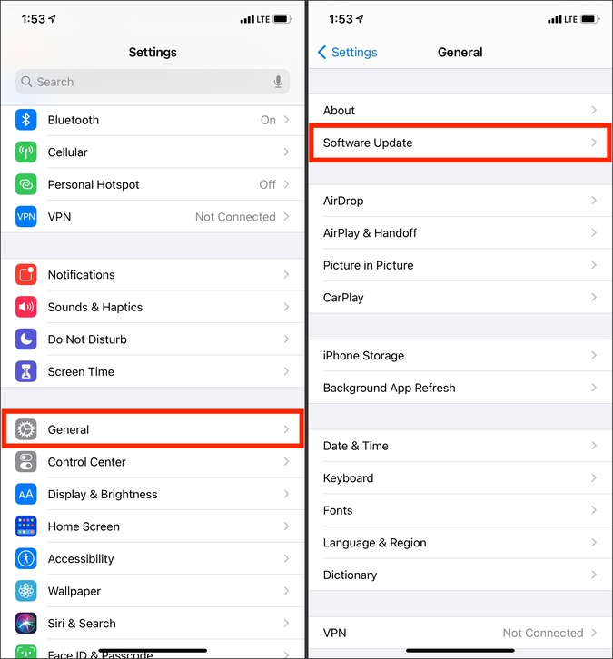 Software Update General in iPhone Settings app to fix Black Camera Screen