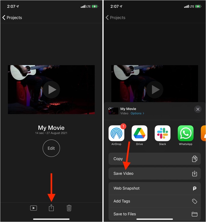 Tap Done Share icon and Save Video on iPhone