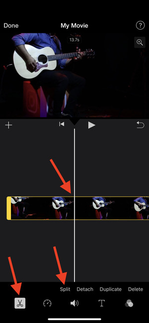 Tap Scissors icon Split to cut the video in iMovie on iPhone