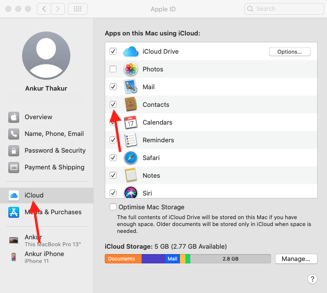 Click iCloud and make sure Contacts is enabled to Sync Contacts from iPhone to Mac