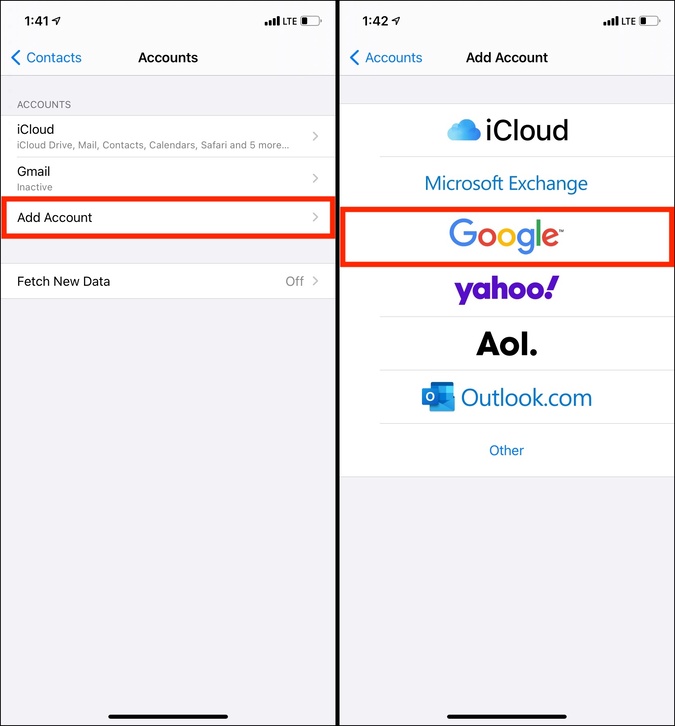 Google Add Account in Contacts Settings on iPhone