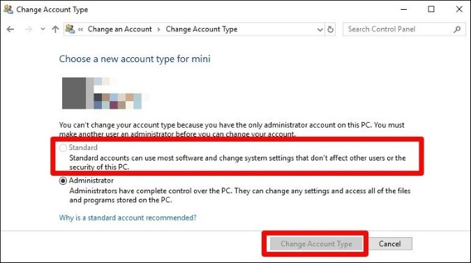 change account type on windows 10