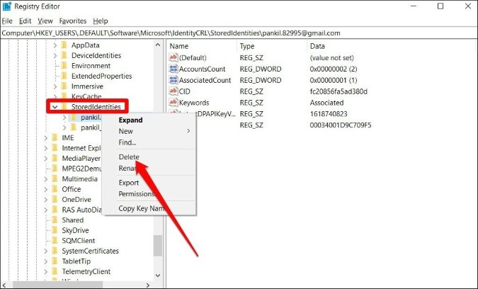 Remove Microsoft Account via Registry Editor in windows