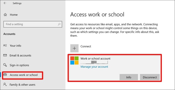 Disconnect work or school account in windows 10