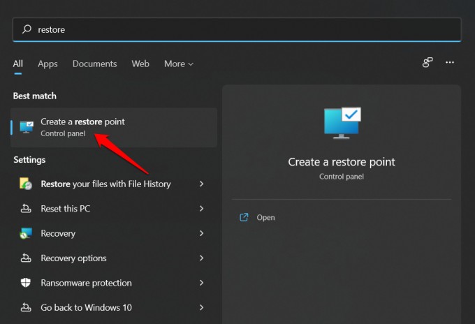 opening restore point setting in windows 11