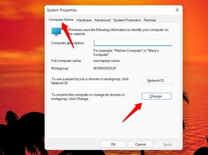 change computer name in windows pc using system properties