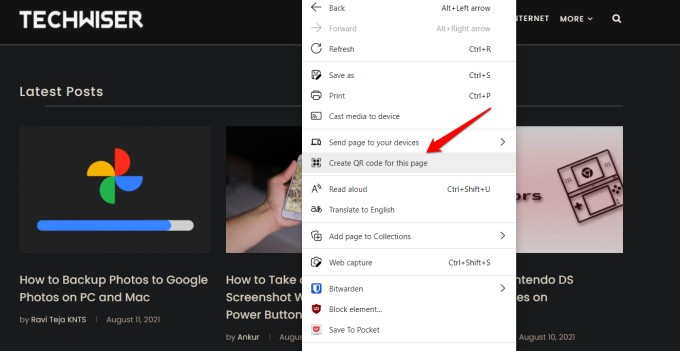 create QR code for website in edge browser