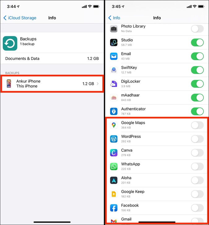 Turn off apps This iPhone Backup to reduce iCloud Storage