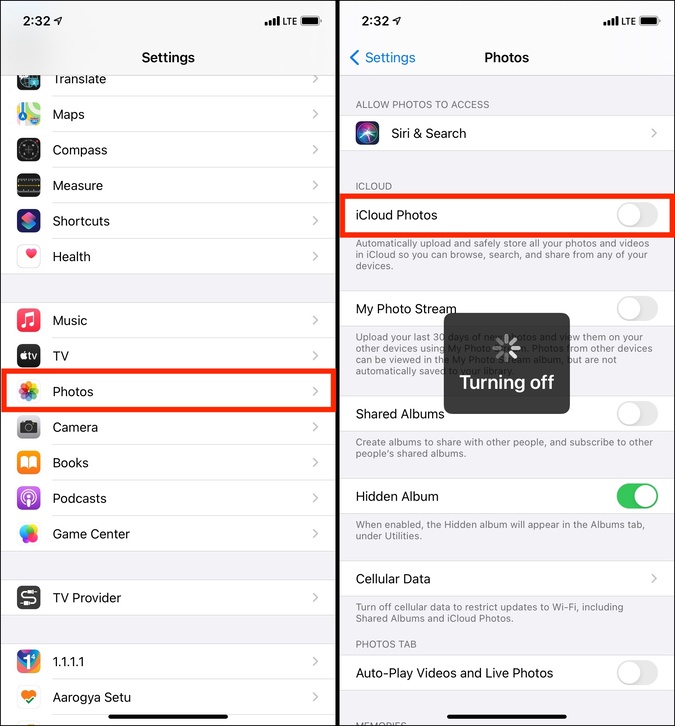 Turn off iCloud Photos in iPhone Settings to free iCloud Storage