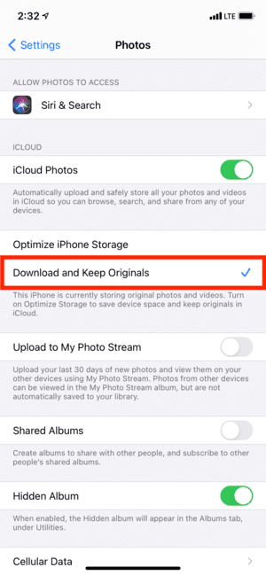 Download and Keep Originals in iCloud Photos Settings on iPhone