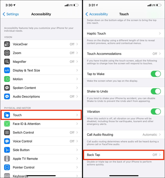 Back Tap Touch accessibility setting in iOS 14