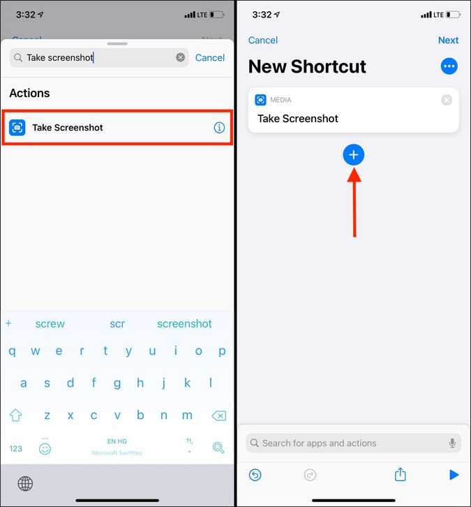 Search and tap Take Screenshot in Shortcuts app in iOS 14