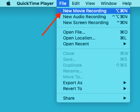 New Movie Recording under File in QuickTime Player on Mac