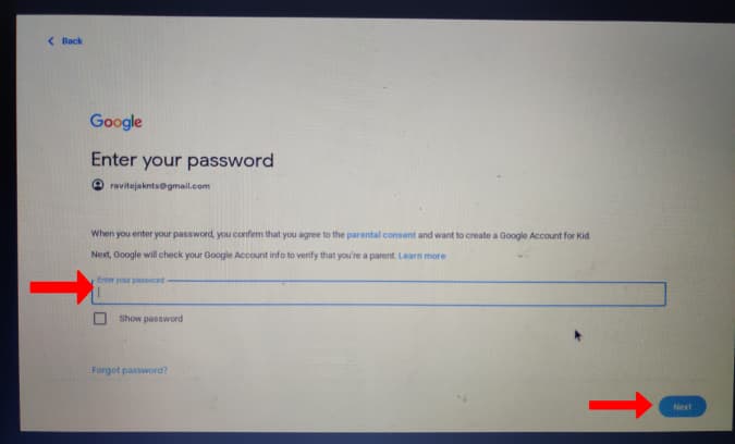 Entering the parent password 