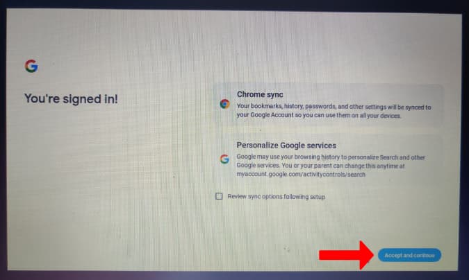 Accepting Chrome sync and personalize Google services 