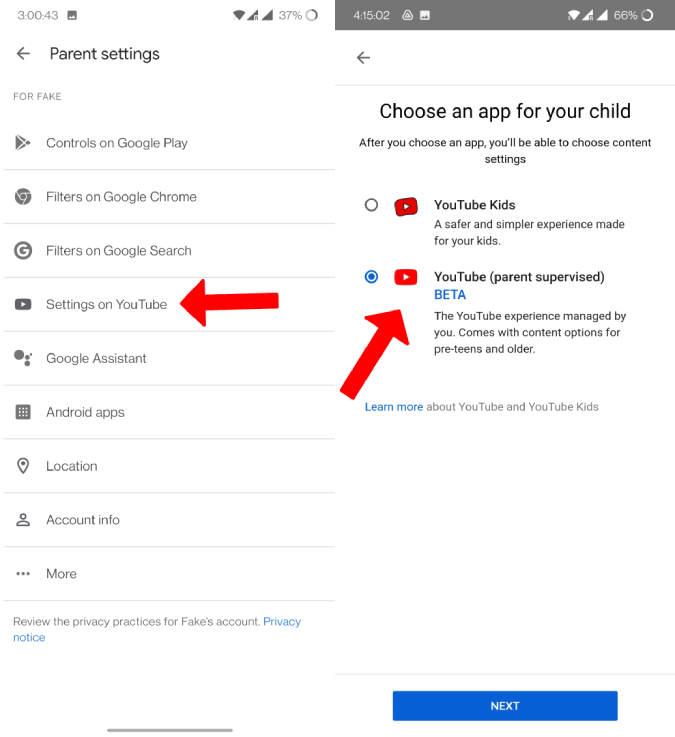 Setting restrictions on YouTube for Child 