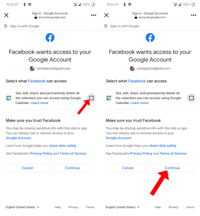 Granting permissions for Facebook to access Google Calendar