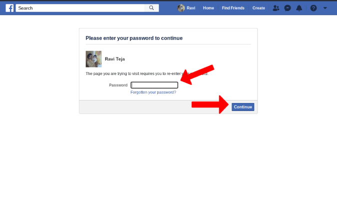 Entering the Facebook password 