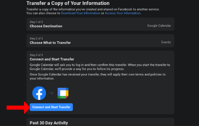 Connecting Facebook and Google to start transferring 