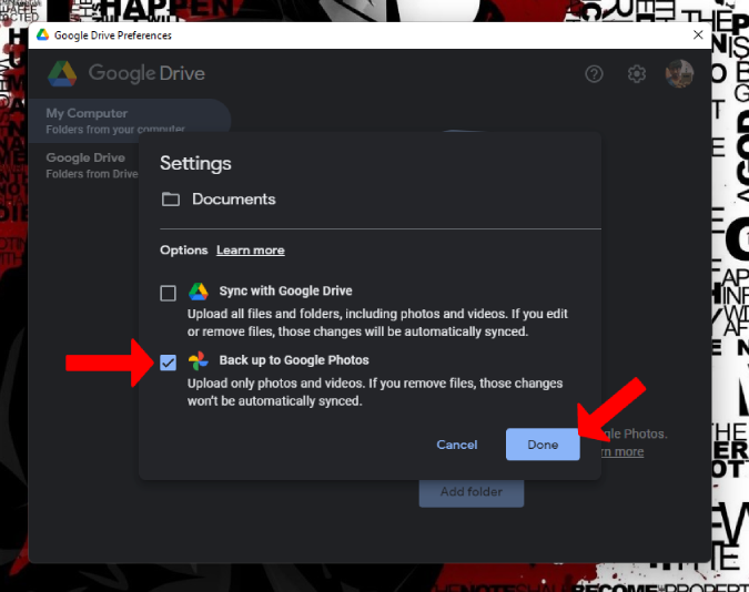 Setting up folder on PC or Mac to backup to Google Photos 