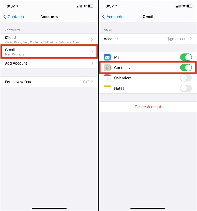 Tap Gmail and ensure Contacts is enabled on iPhone