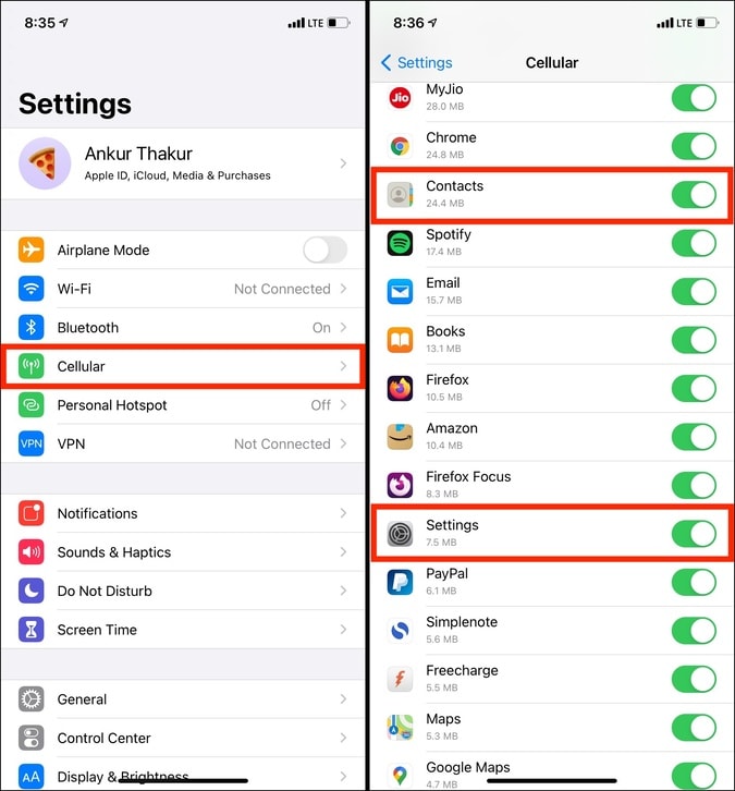 Enable Cellular for Contacts and Settings on iPhone