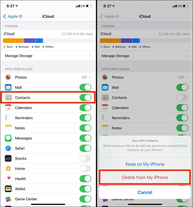 Turn off iCloud Contacts and choose Delete from My iPhone