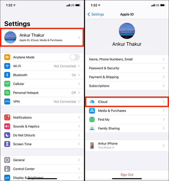 Tap your name iCloud in Settings app on iPhone