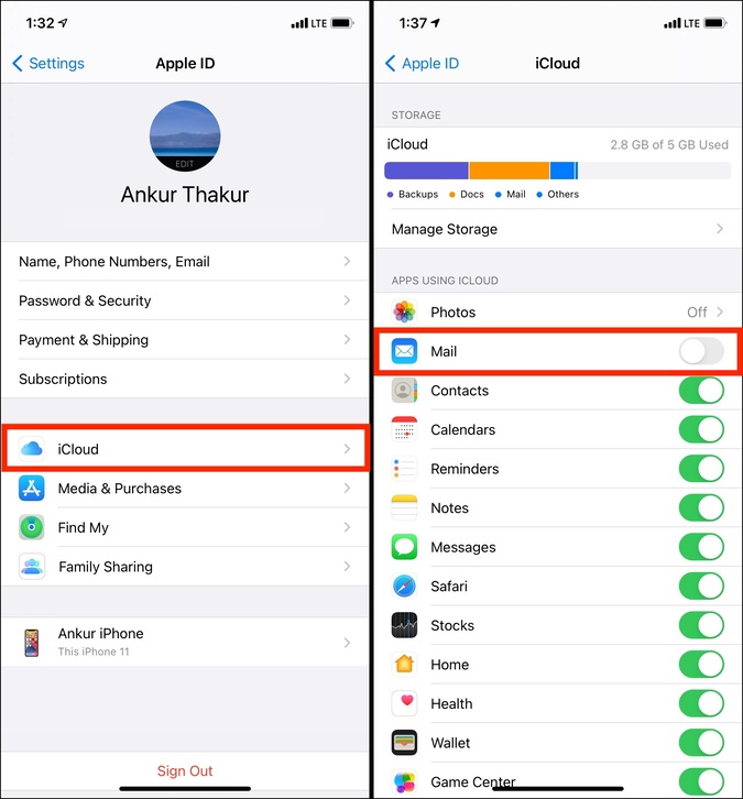 Turn Off iCloud Email and Enable it Again on iPhone