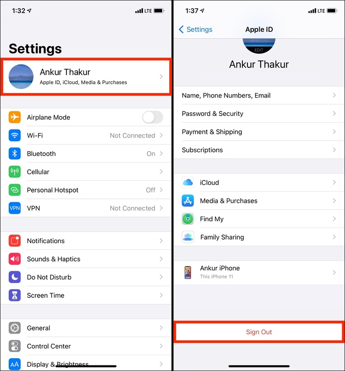 Remove iCloud Email by Signing Out of Apple ID on iPhone and Sign In again