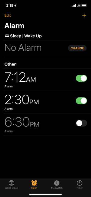 Alarm screen in the Clock app on iPhone