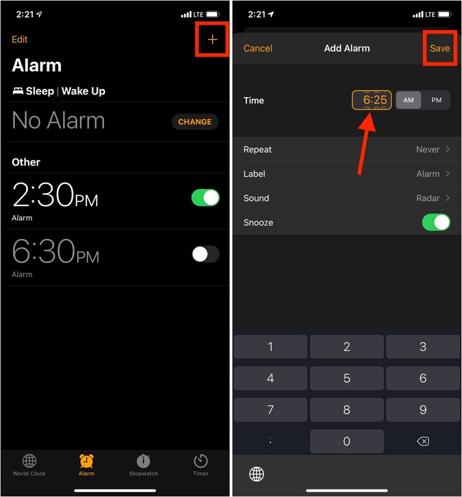 Tap plus icon to add a new alarm and set the correct time on iPhone