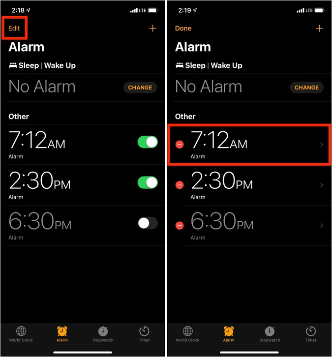 Tap Edit and an alarm in Clock app on iPhone