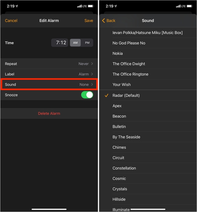 Tap Sound and choose an alarm sound on iPhone