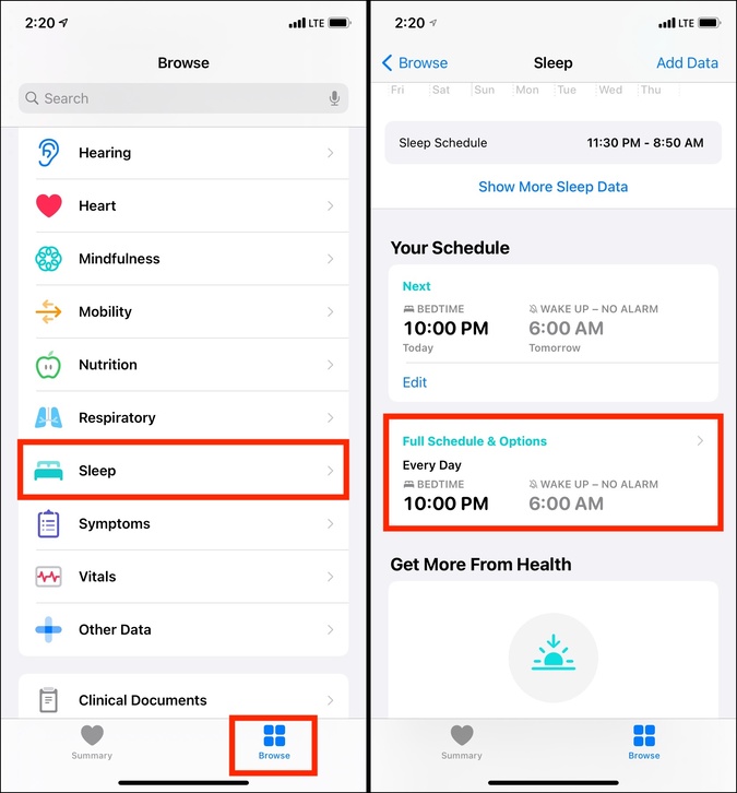 In iPhone Health app tap Browse Sleep and Full Schedule & Options