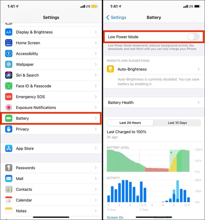 Turn off Low Power Mode on iPhone to increase Screen Brightness