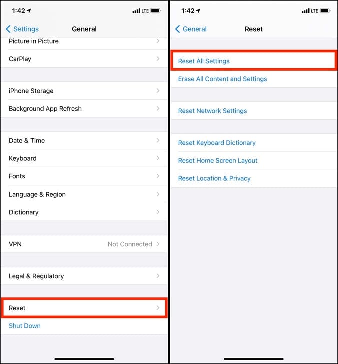 Reset all Settings on iPhone to solve low screen brightness issues