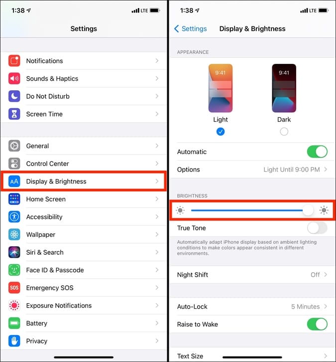 Increase iPhone Screen Brightness in Settings app