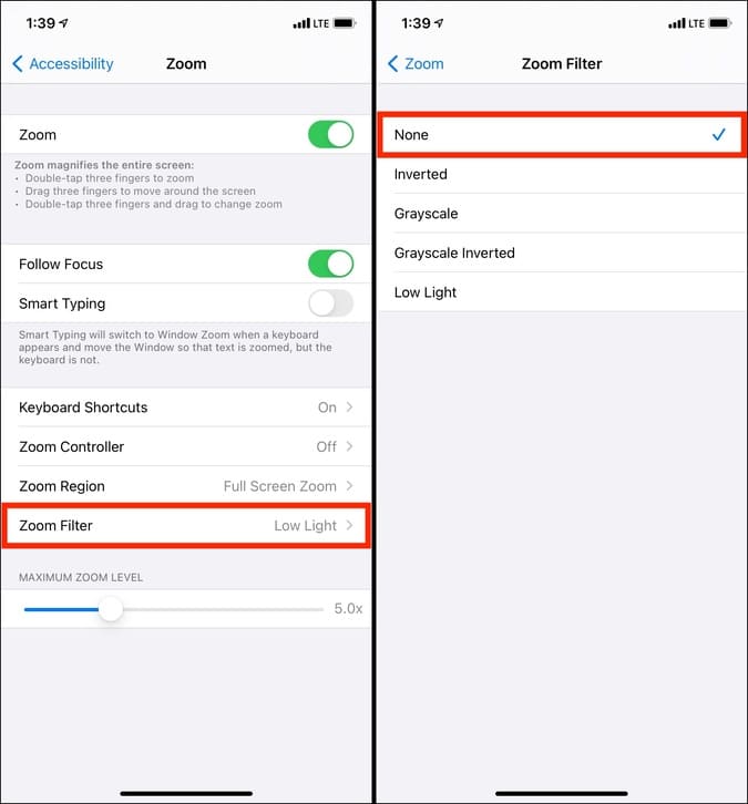 Disable Zoom Filters on iPhone to fix Screen Low Brightness Issue