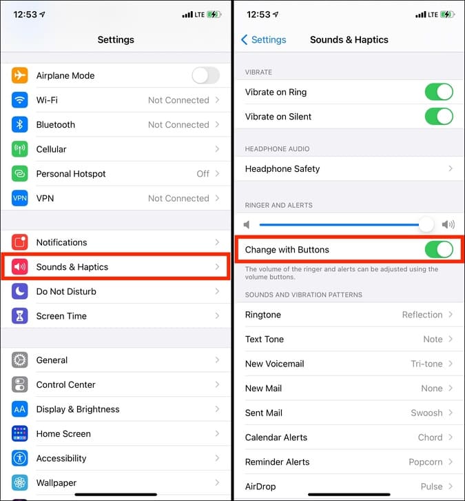 Change with Buttons in Sound & Haptics Settings on iPhone