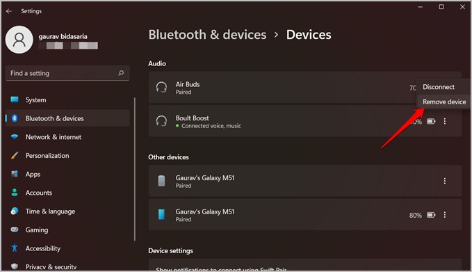 removing bluetooth device from windows 11 settings
