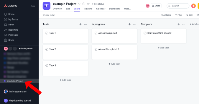 Opening project in Asana 