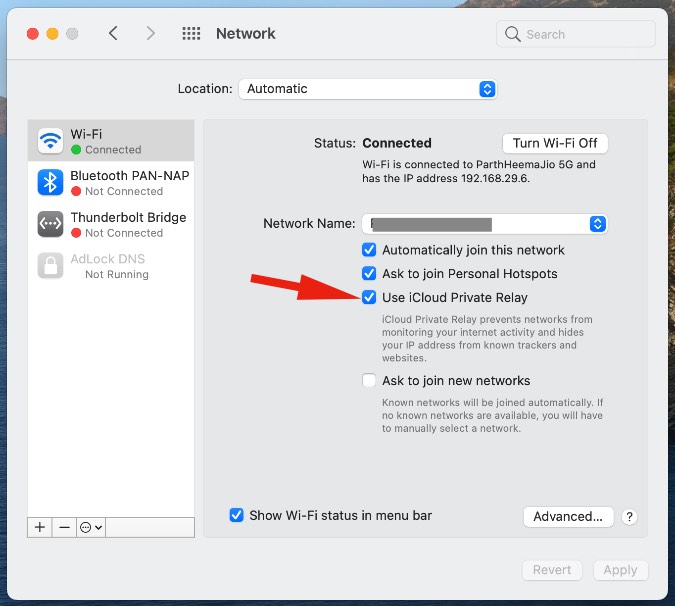disable private relay for wifi