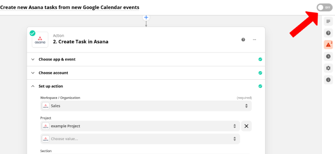 Turning on Zapier Zap to sync Google Calendar and Asana