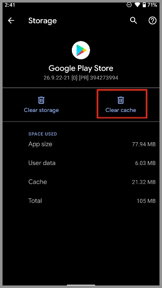 clear cache from Google Play Store