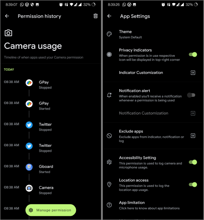 Privacy Dashboard app and past camera usage info
