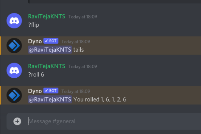 Flip and Roll Commands on Discord by Dyno bot
