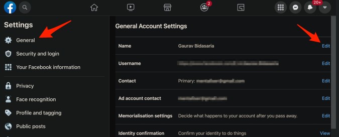facebook name settings in general options on web app